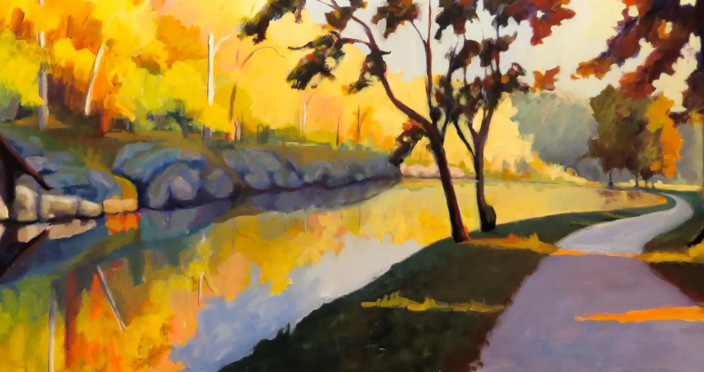watercolor of fall colors on canal