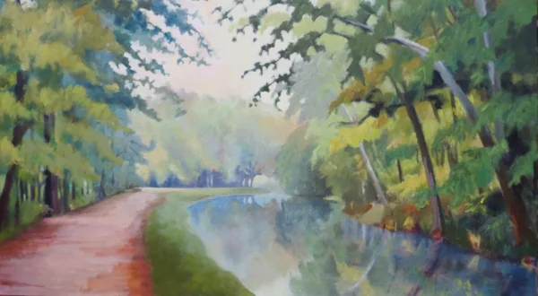 watercolor of greenery and water canal